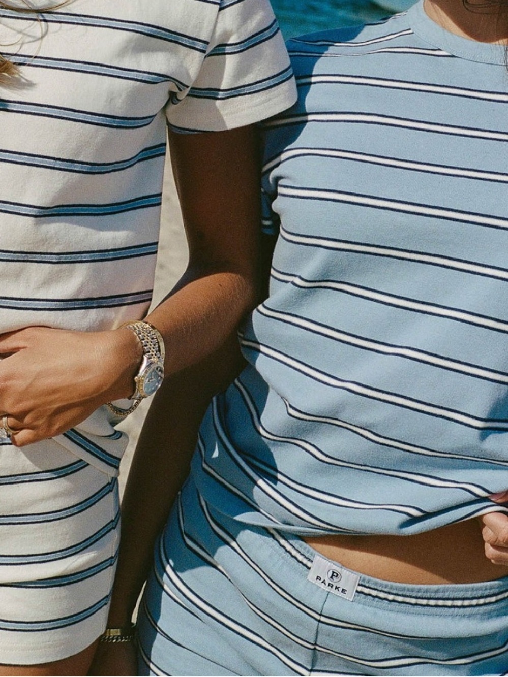 PARKE x Maggie & Emma Striped T-Shirt Blue White Baby Tee Womens Size M
